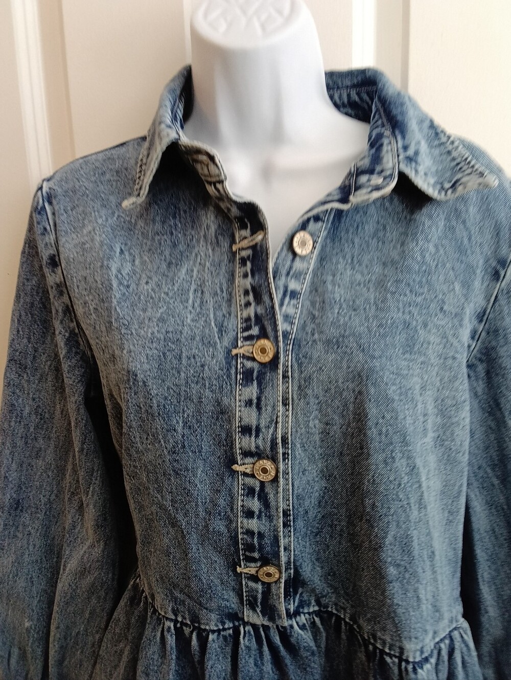 Washed Blue Denim Tiered Shirt Mini Dress Size Medium - Picture 5 of 8